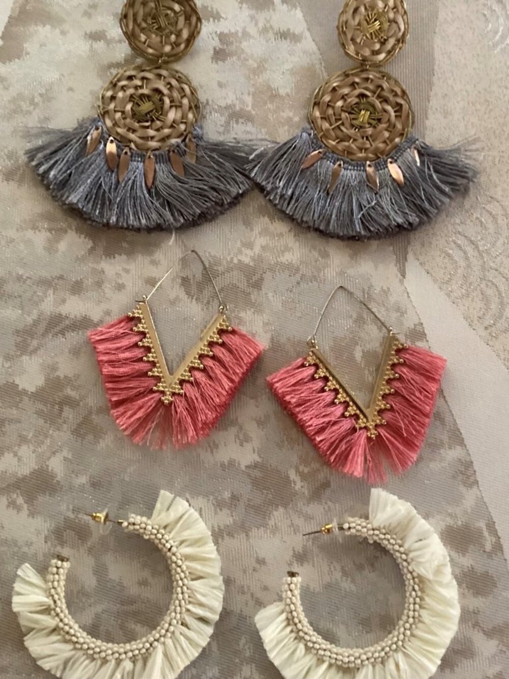 Three (3) pairs of summer statement earrings - gray, peach and cream